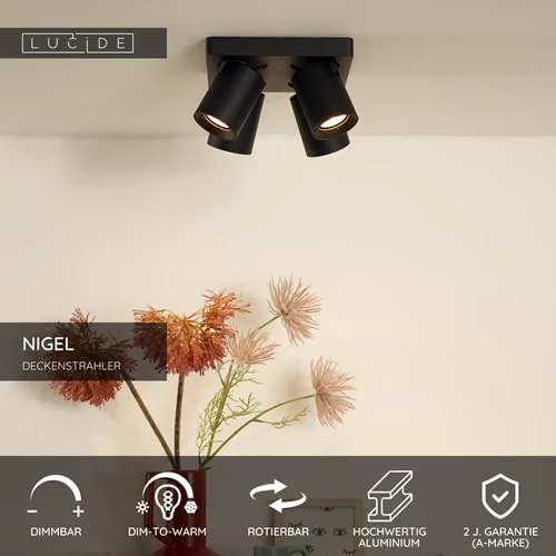 Lucide NIGEL - Deckenstrahler - LED Dim to warm - GU10 - 4x5W 2200K/3000K - Schwarz - USP